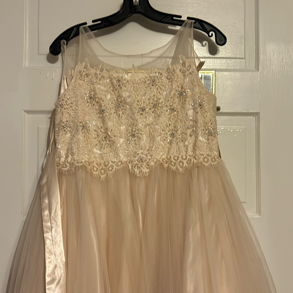 Girls champagne gown size 16.  Was not altered.